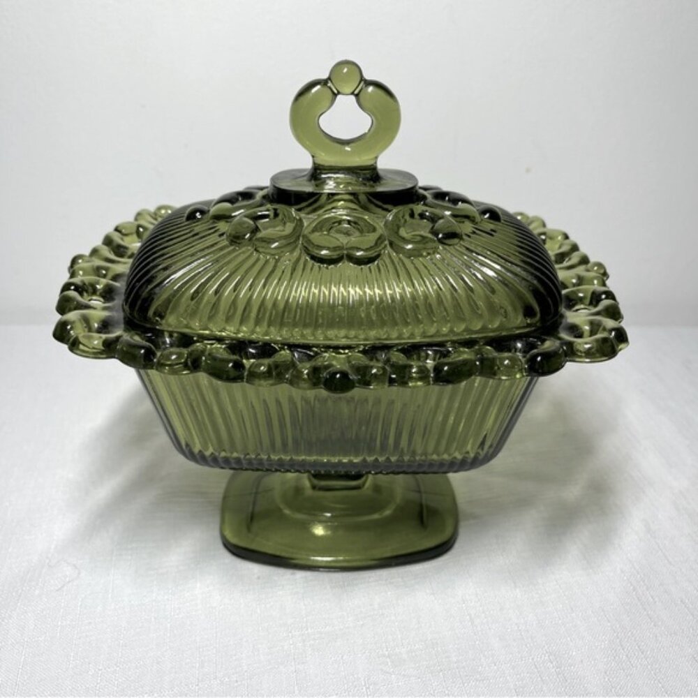 Vintage Indiana Glass Olive Green Rectangular Pedestal Lace Candy Dish w Lid